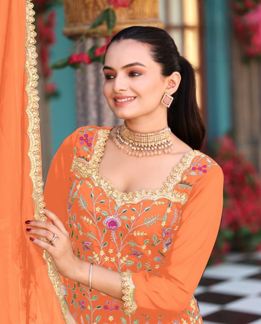 ORANGE - Bright Orange Elegance Sharara Style Suit.